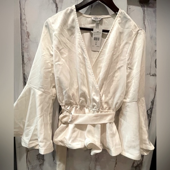 Fashion Nova Tops - Fashion Nova-Cream Bell Sleeved Blouse with Cinched Waist, Wrap Belt, Size M